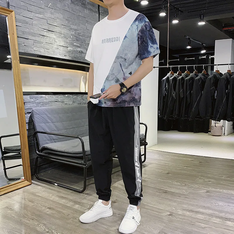 

Men's short sleeve T-shirt summer one suit Korean fashion men's sports leisure handsome with long pants summer wear