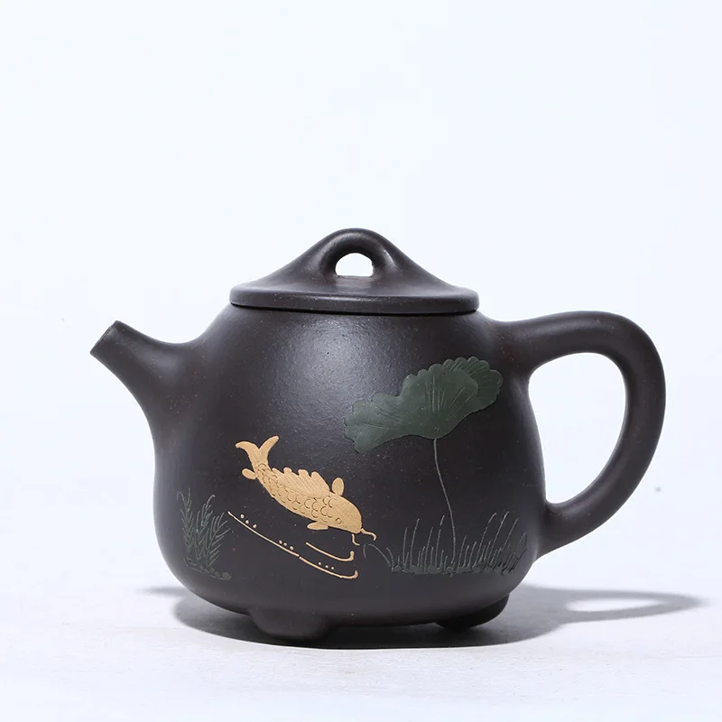 

Yixing Dark-red Enameled Pottery Teapot Raw Ore Black Gold Sand Mud Painting Fish Interest High Stone Drum Teapot Kung Fu Tea