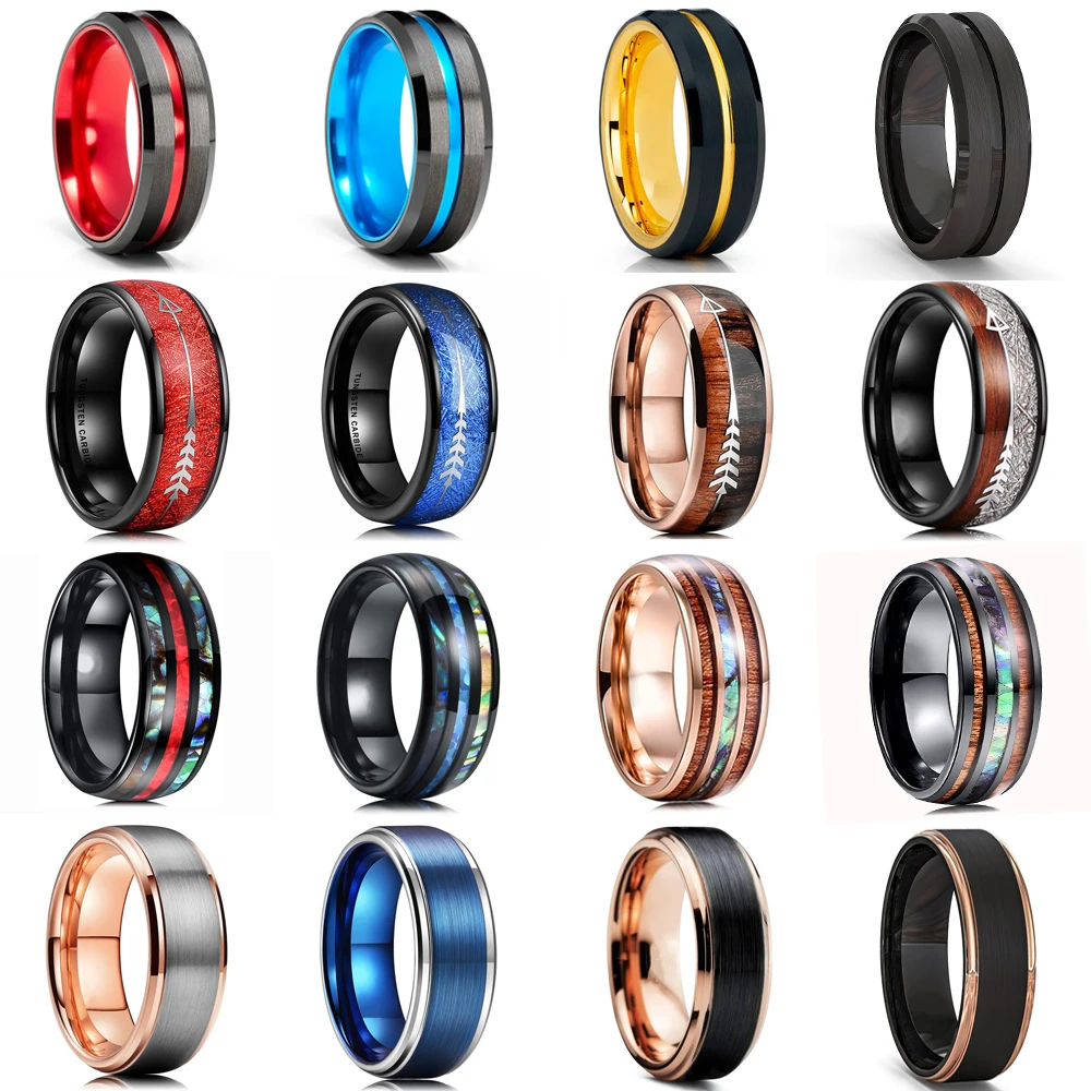 

8Mm Men Thin Blue Line Black Stainless Steel Ring Koa Wood and Abalone Shell Inlay Red Meteorite Ring Arrow Men Wedding Band