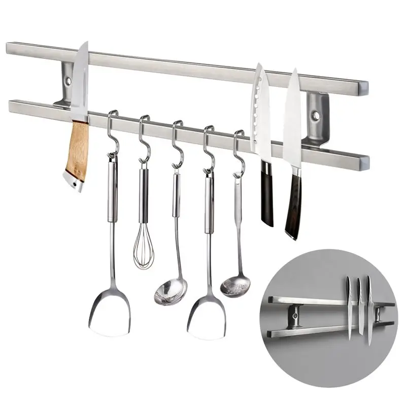 Wall Mounted 304 Stainless Steel Magnetic Knife Holder Double Bar Easy Storage Rack Strip for Kitchen Utensil Tool Hook | Дом и сад