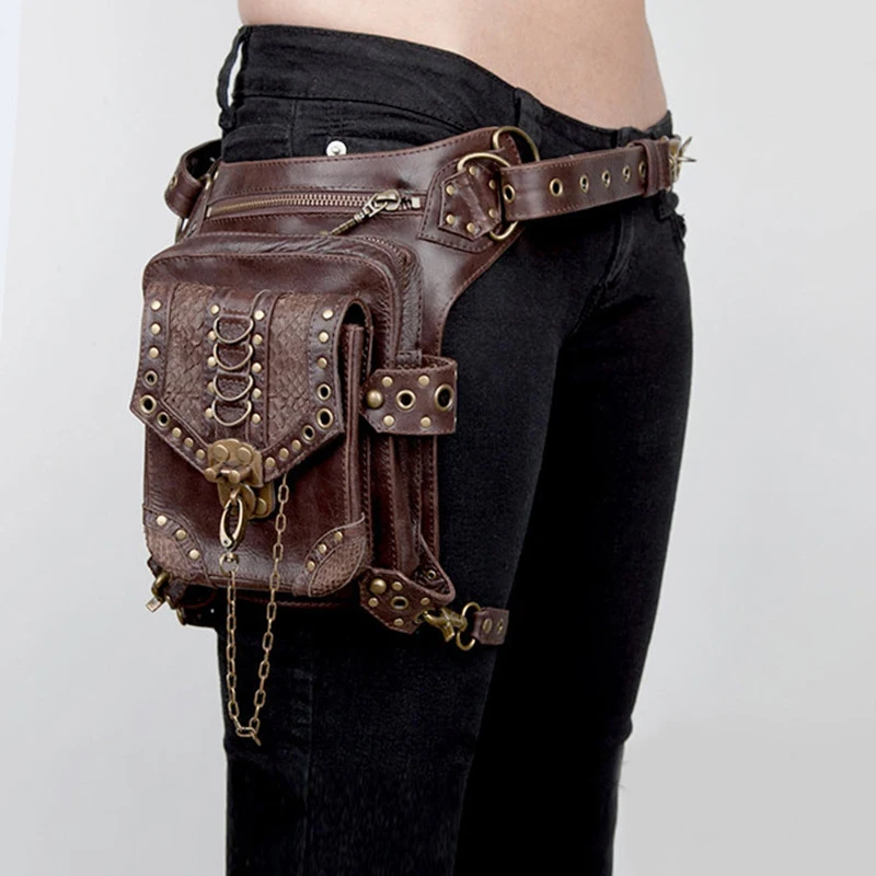 

Punk Motorcycle New Woman Waist Bag Fashion Retro Shoulder Bags Personality Outdoor Messenger Bag Men Brown Leather Chest Pack