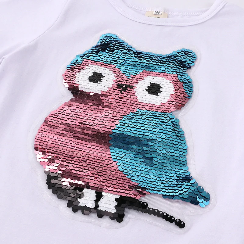 Футболки Elvesnest с рисунком совы новинка Детская футболка блестками для девочек