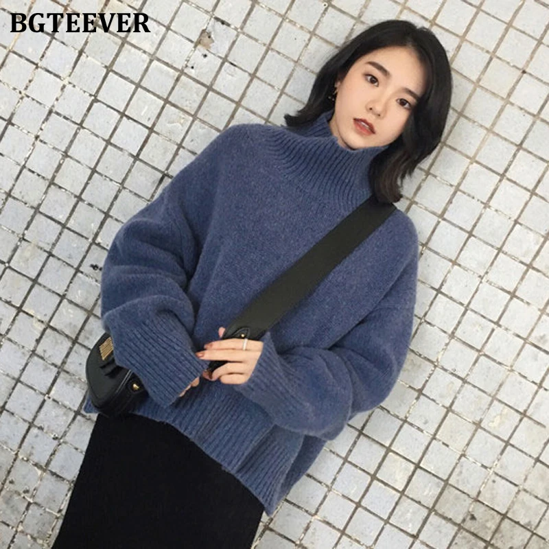 BGTEEVER Женский однотонный вязаный пуловер с высоким воротом 2019 плотный теплый