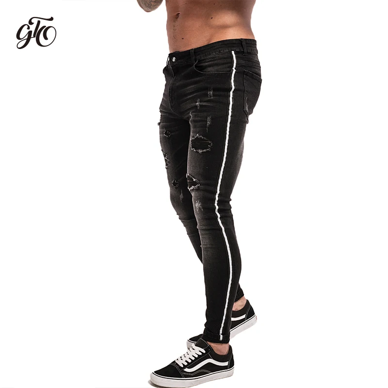 faded black stripe GINGTTO, мужские Стрейчевые джинсы, супер напыление, рваные джинсы для мужчин, облегающие, для занятий спортом, типы тела, красная полоска, сбоку, zm21 - Цвет: faded black stripe
