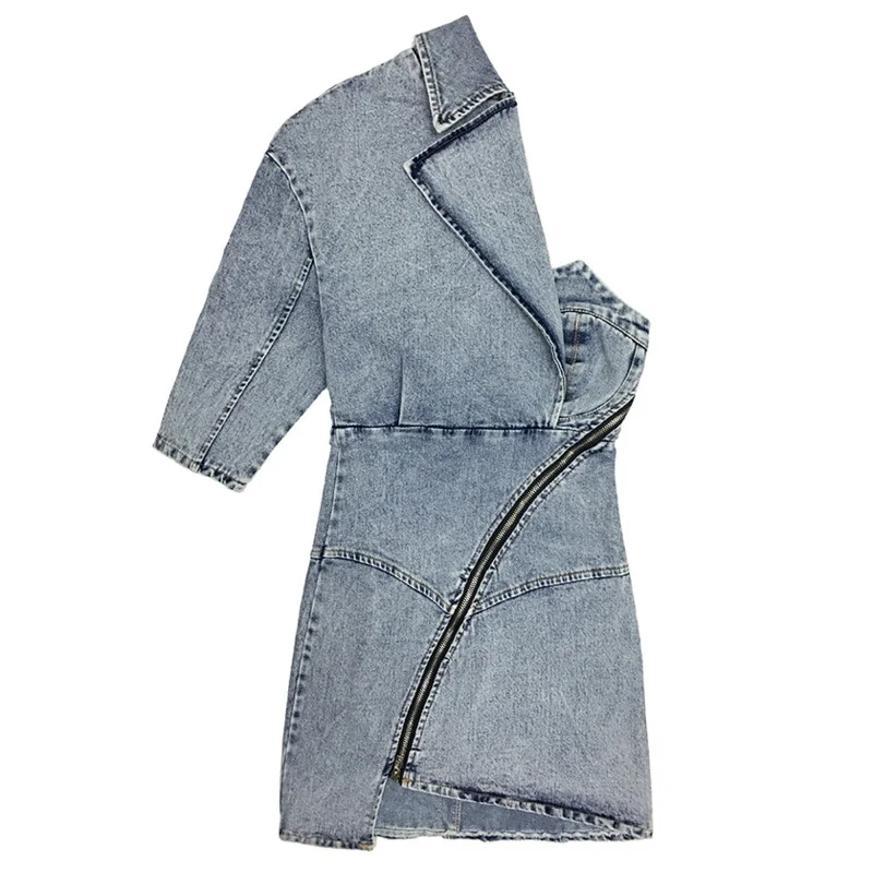 

DEAT 2021 turn-down collar off one shoulder single sleeves washed light blue denim mini halfbody sexy skirt WM96505L