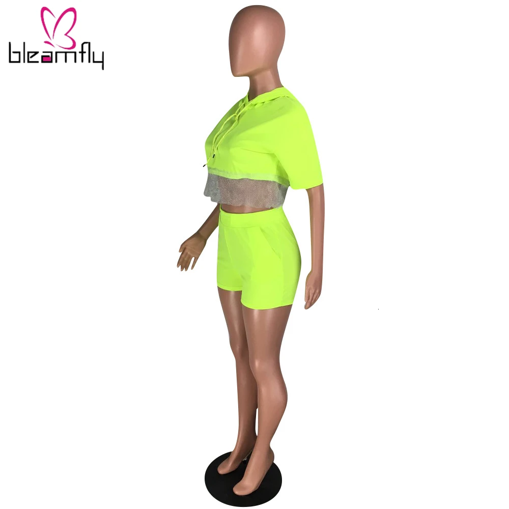 Новинка 2019 Женский неоновый зеленый Тренч с капюшоном и блестками топ шорты