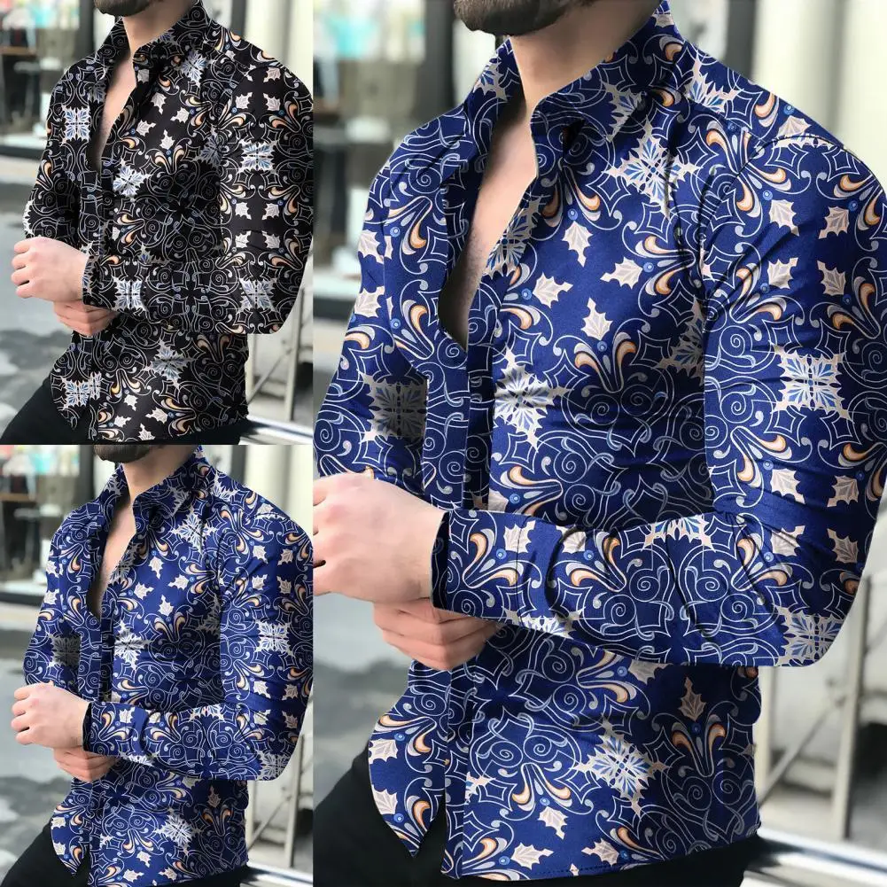 

Summer Shirt Floral Print Long Sleeve Men Turndown Collar Buttons Shirt for Party Vintage Fashions Men Shirt Man Dress Clothing