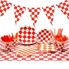 Автомобиль для тематической вечеринки, клетчатая посуда, принадлежности, бумажная тарелка, салфетка, чашка, красный и белый выемка, баннер, гоночные флаги