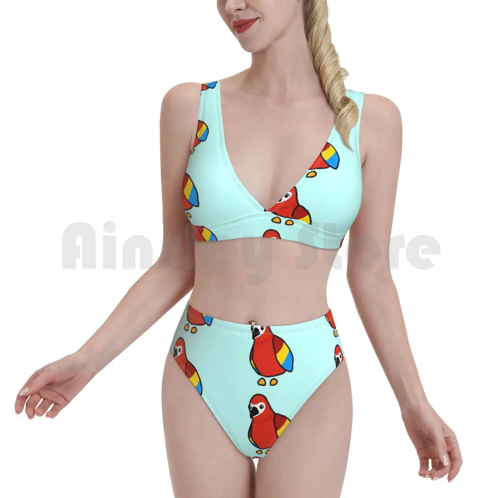 Cute Parrot Doodle Swimsuit Bikini Padded High Waist Adopt Me Parrots Kawaii Red Game | Женская одежда