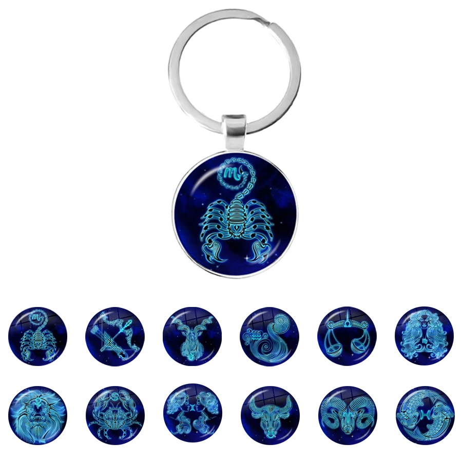 

12 Constellation Keychain Fashion Glass Cabochon Key Rings Zodiac Sign Pendant Jewelry For Men For Women Birthday Gift