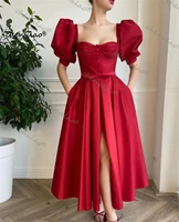 red satin prom dresses for women formal evening short sleeves lace up ankle length evening gowns homecoming dress backless
