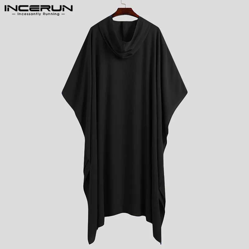 

INCERUN Fashion Men Cloak Coats Hooded Solid Color Loose Ponchos Streetwear Casual Chic Korean Style Long Cape Men Trench S-5XL