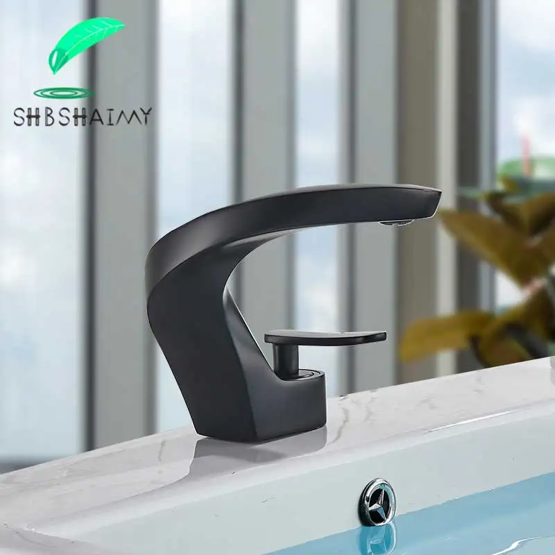 

SHBSHAIMY Black Basin Faucet Brushed Gold Modern Bathroom Mixer Tap Brass Deck Mounted Basin Sink Faucet Hot and Cold Water