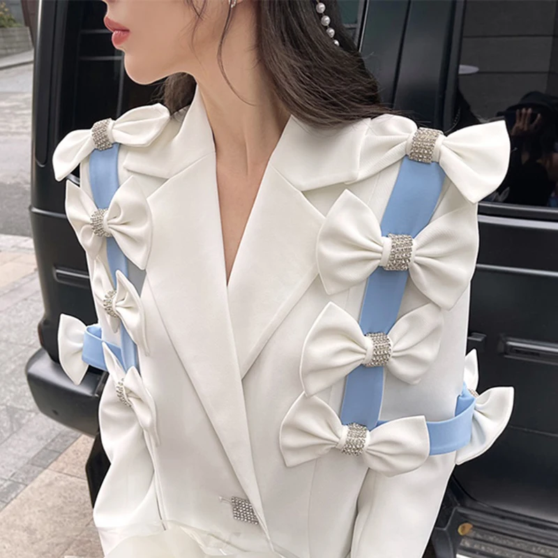 

TWOTWINSTYLE Two Tone Casual Blazer For Women Notched Long Sleeve Patchwork Diamonds Bowknot Blazers Females Spring 2021 Stylish