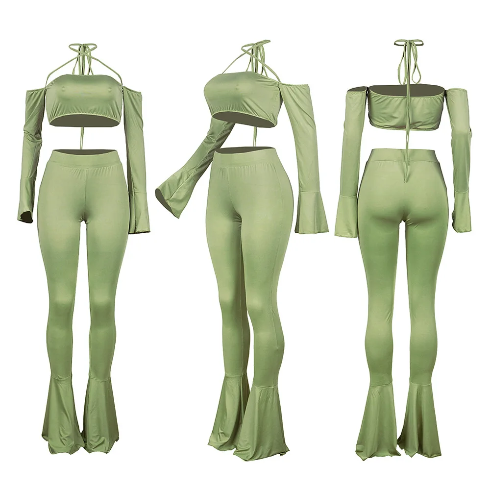 

European spring new fashion solid color sexy two piece casual slim off shoulder long sleeve shirt and trousers women's suit