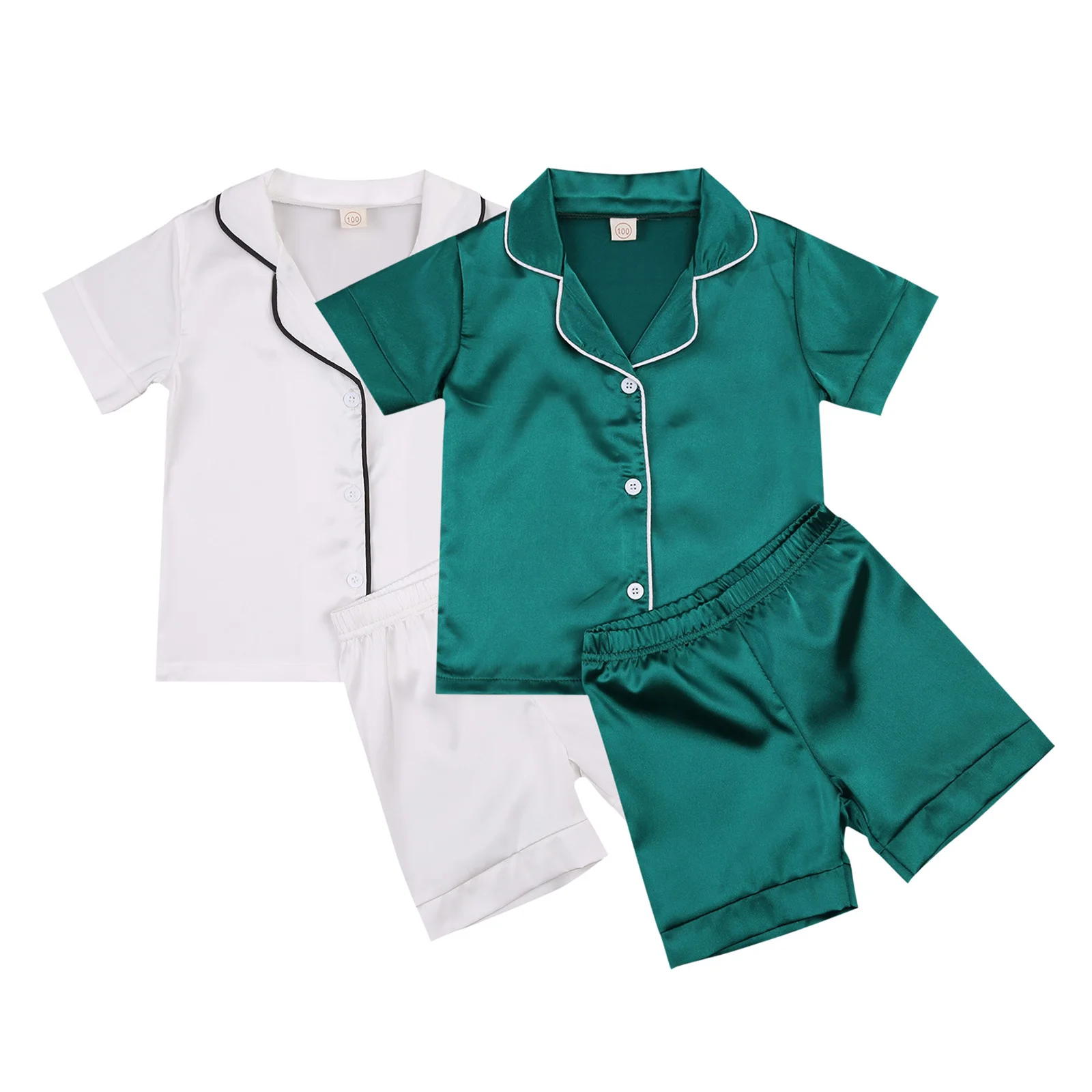 

Summer Childrens Kids Pyjamas Silk Satin Two-piece Nightwear Set Solid Color Short Sleeve Turn-down Collar Top+Shorts Pajama Set