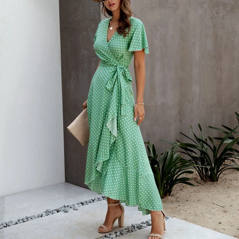 

Ruffle Print Polka Dot Women Dress Sexy Beach Wrap Dress Vintage Half Sleeve Summer