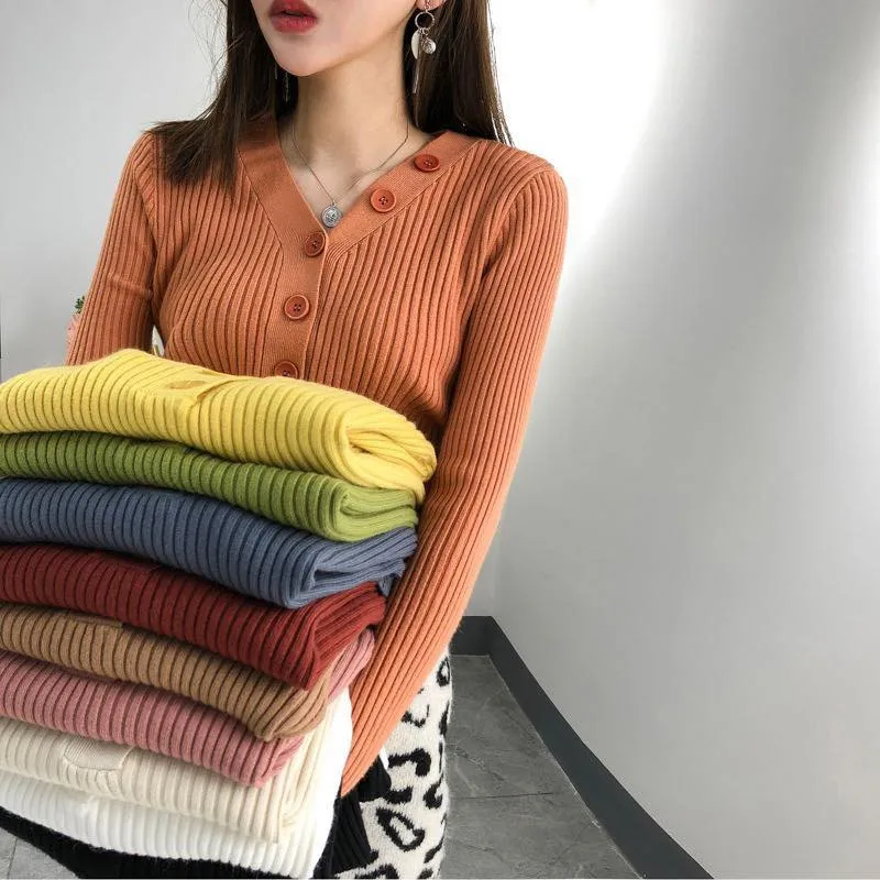 Autumn Knitted Black Sweater Women Casual Pure Bottoming Sweaters Button V-Neck Long Sleeve Pullover | Женская одежда