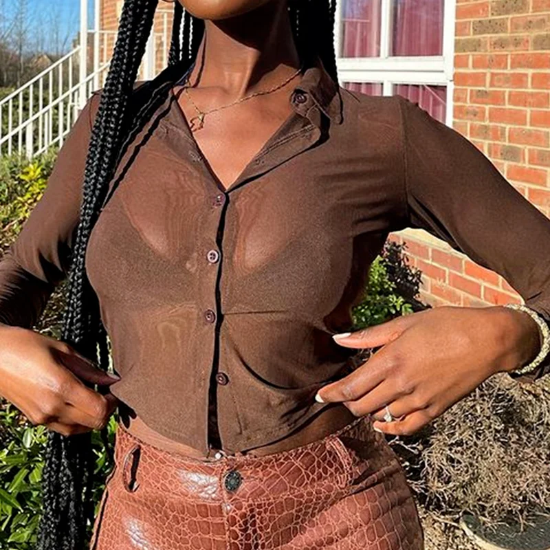 

Y2k Long Sleeve T Shirt Women See Through Button Up Streetwear Nigh Club Vintage Sexy Slim Fashion Ladies Crop Brown Mesh Tops