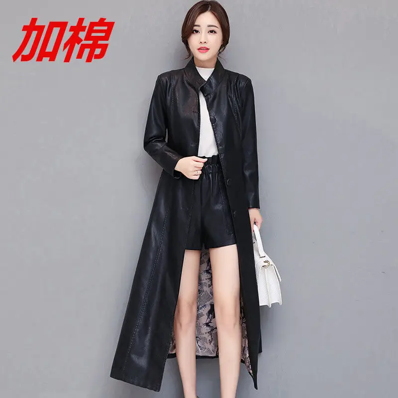2021 New Women Red PU Leather Trench Coat Autumn Long Jacket Button Warm Thicken Temperament PU Leather Windbreaker With Belt