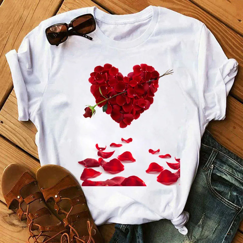 New Women T Shirt Red Rose Flower Heart Printed Tops Female Short Sleeve Tee Shirt Fashion Women Cute graphic T-shirt Clothing