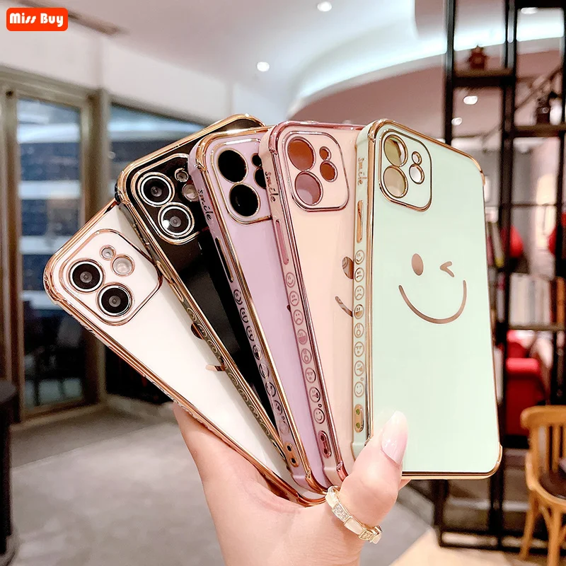 

Soft Electroplated Smiley Phone Cases for iPhone 11 12 13 Pro Max Mini X XS XR SE 2020 7 8 Plus Coque Shockproof Bumper Cover