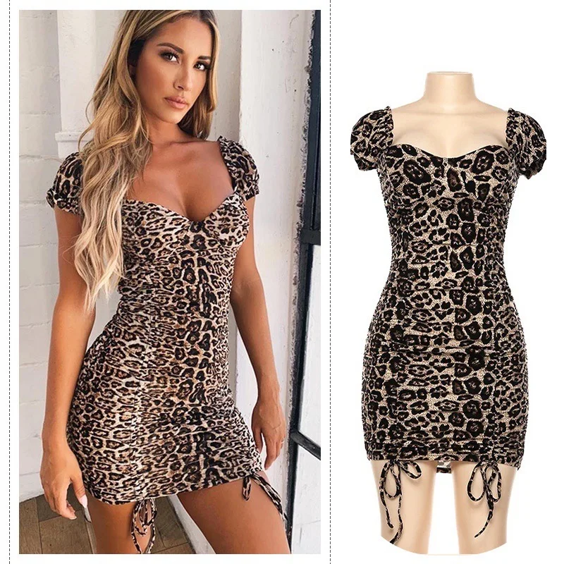 

Donsignet Fashion Women's Dress New Summer Casual Square Neck Hedging Leopard Print Sexy Slim High Waist Bag Hip Dress