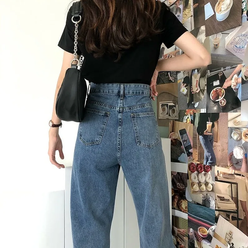 

Jeans Women Female Wide Leg Trousers Womens Vintage Washed Simple All-match Adjust-waist Daily Loose Korean Style Jean Fashion