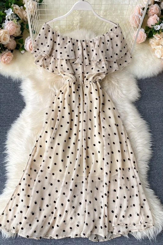 

Elegant Ruffles Polka Dot Chiffon Dresses For Women Sexy Off Shoulder Pleated Midi Summer Dress 2020