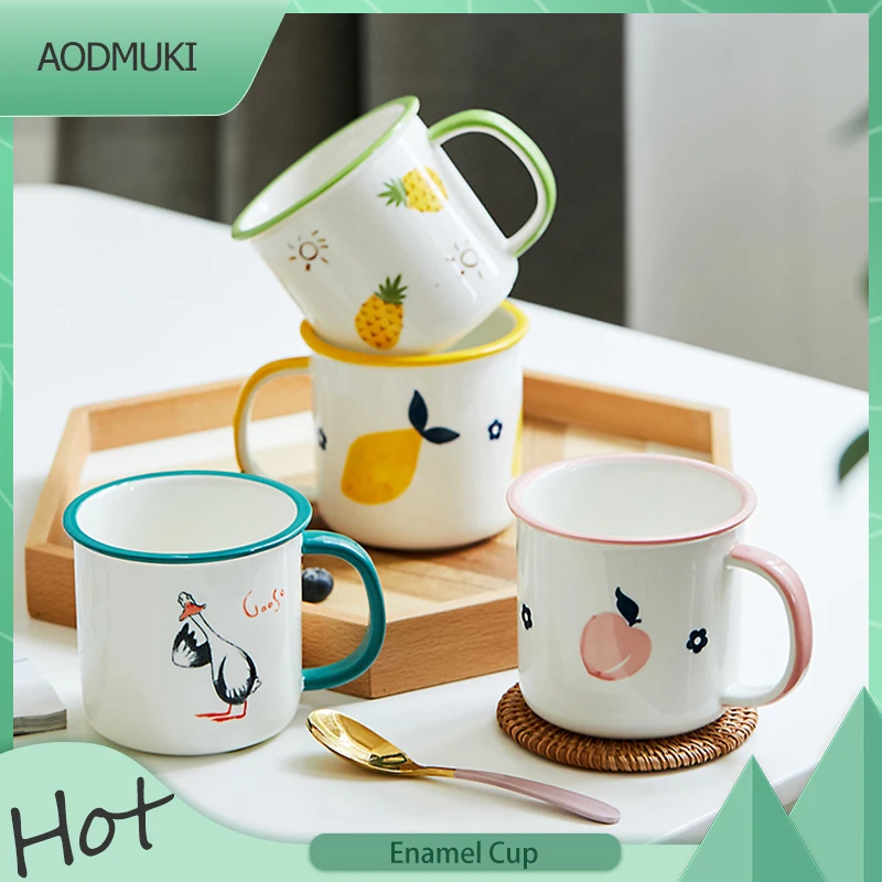 

350Ml Creative Cute Fruit Pattern Mug with Silicone Lid Home Simple Small Ceramic Cup Drinking Mug Enamel Cup Breakfast Milk Mug