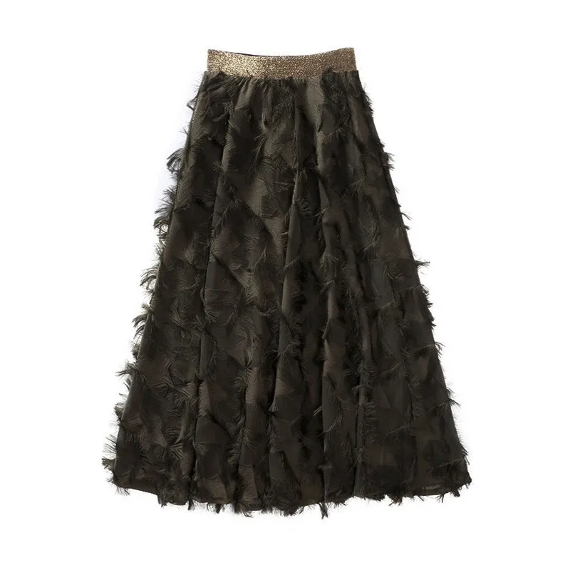 

Elegant Fashion Elastic Wide Waist Back Zipper Women Skirts Feathers Tassel Medium Length Female Loose A-Line Skirts Streetwear