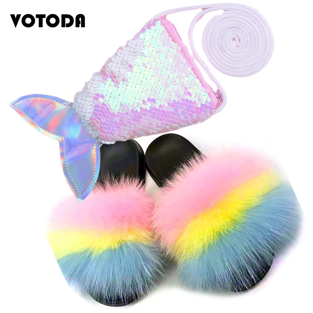 Шлепанцы детские из натурального Лисьего меха комплект с сумочкой и