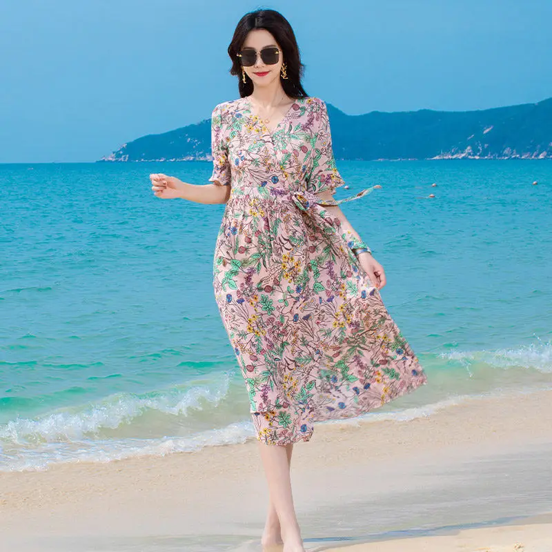 

2021 New Summer Women Fashion Beach Style Chiffon Dresses Lady Floral Print Dress Female Cross V-Neck Lace Up Vestidos B40