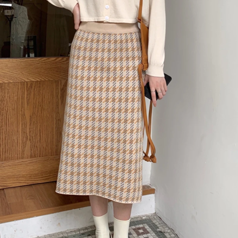 

Y2KKnitted Skirt Female Autumn 2021 New High-waist Houndstooth Slim Woolen Yarn Mid-length All-match Slim Skirt