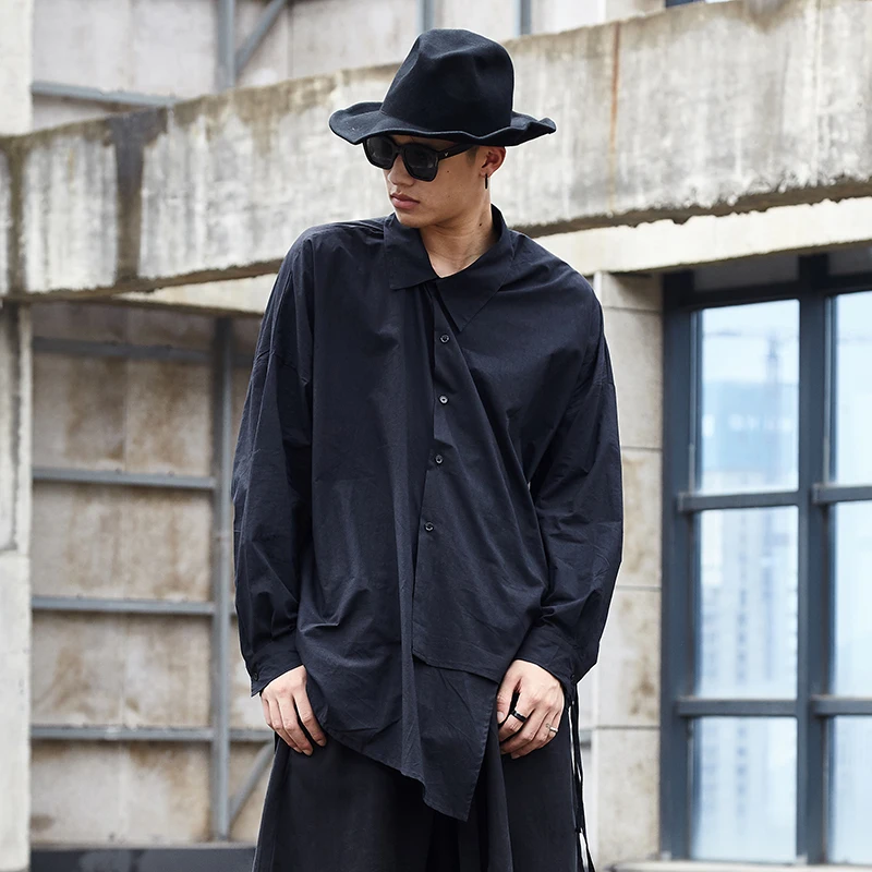 Men's Long-Sleeve Shirt Spring And Autumn New Personality Front Irregular Hem Niche Design Hip Hop Alternative Large Size Shirt