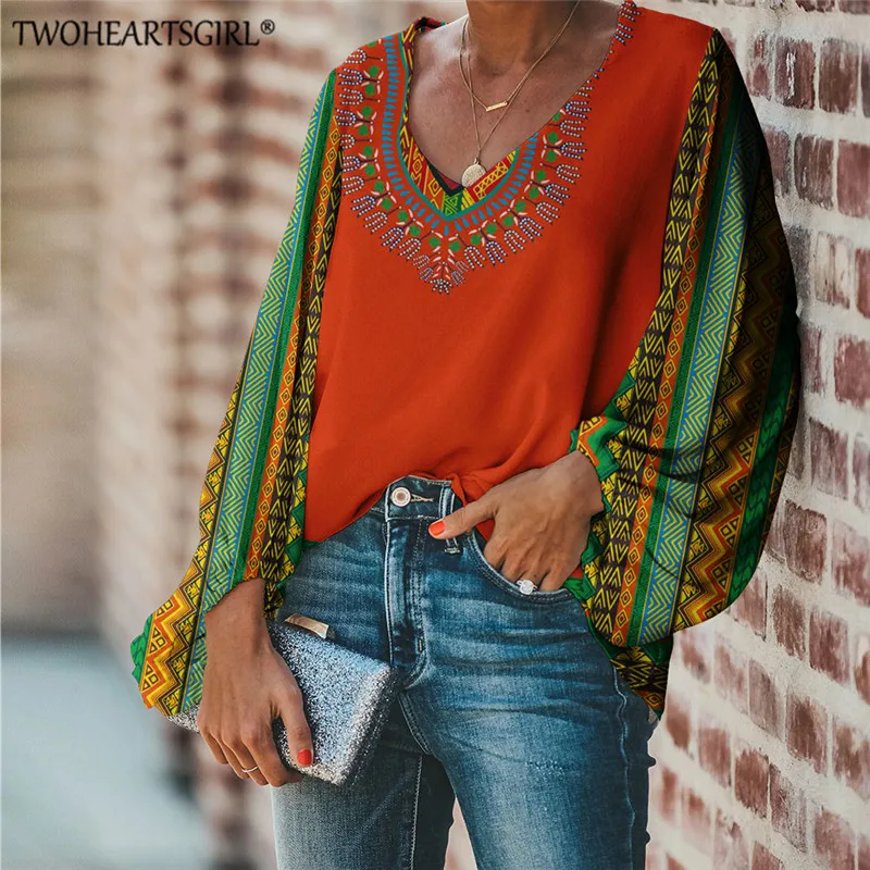 

Oversized Blouse African Dashiki Print Ladies Tops Art Ethnic Style Loose Long Sleeve Shirt Tops V-neck Chiffon Shirts for Women