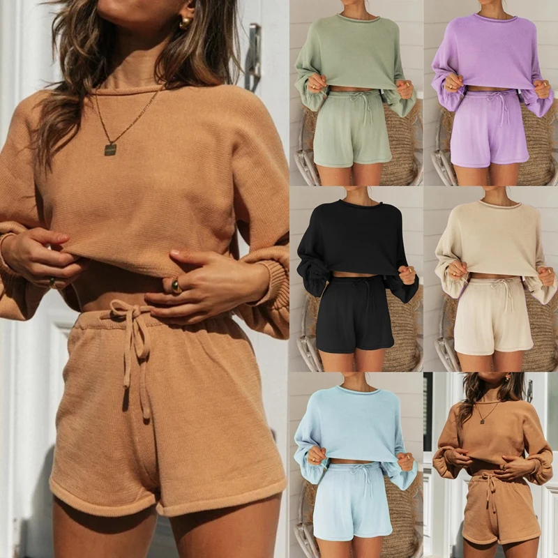 Женский свободный топ с круглым вырезом и длинными рукавами шорты вязаный