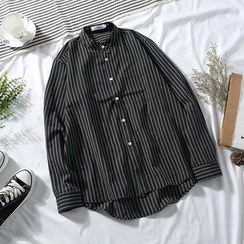 2020 Men Oversized Cotton Striped Blouse Shirt Long Sleeve Single Breasted Vintage T Homme Couple Korean Harajuku Clothing | Мужская