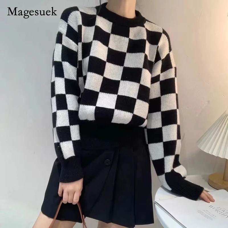 

Korean Women's Vintage Sweater Women 2021 Autumn and Winter New Chessboard Check Sweater Fashion Sweet Pullover Sweater 17816