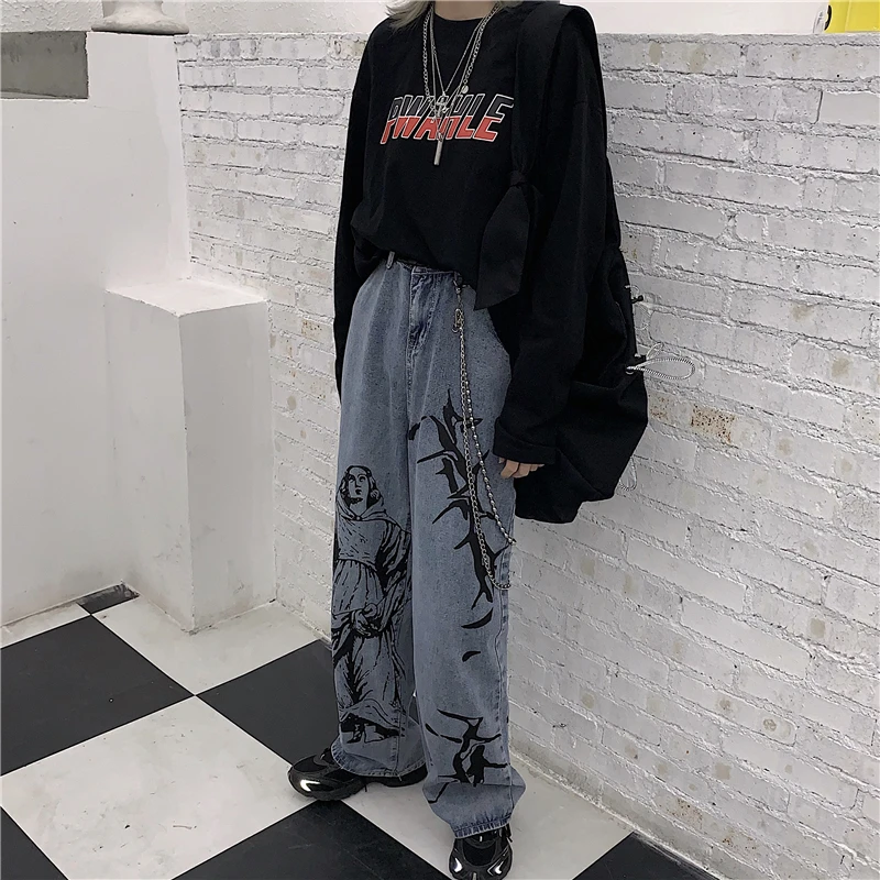 Harajuku джинсы для женщин и мужчин с принтом шипов высокой талией прямые женские