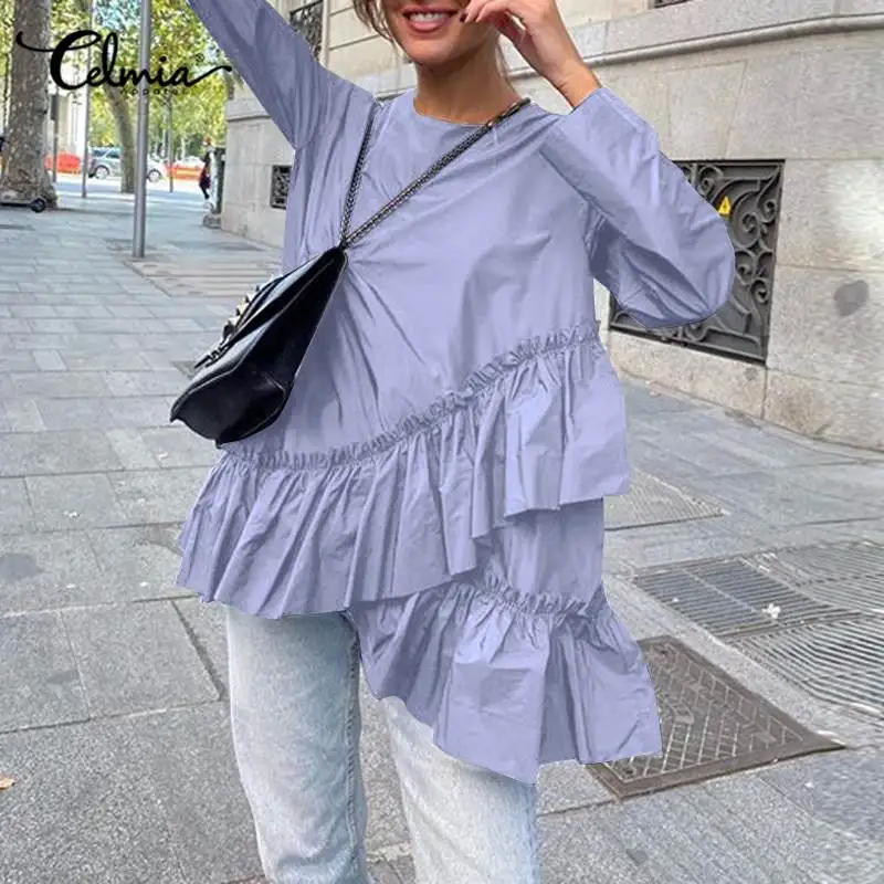 

Celmia 2022 Women Asymmetrical Ruffles Hem Blouses Elegant Long Sleeve Tops Tunics Casual Loose O Neck Stylish Blusas Oversized