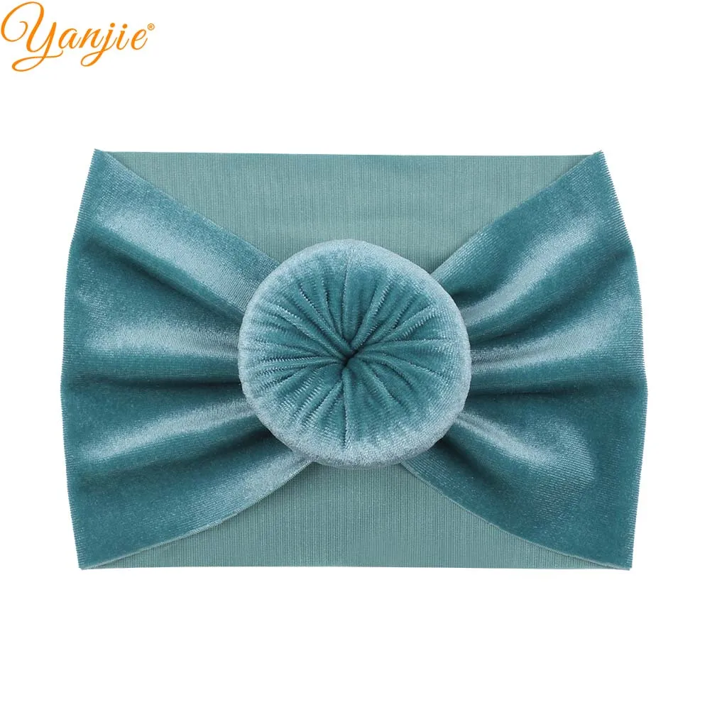 Headband A-aqua Тюрбан с круглым помпоном из мягкого бархата для девочек; коллекция года; зимняя детская однотонная бархатная эластичная повязка на голову; резинки для волос; аксессуары для волос - Цвет: Headband A-aqua