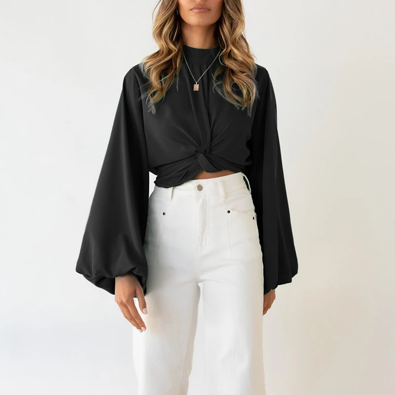 

Spring Autumn Women Sexy New Stand Collar Lantern Long Sleeves Slim Tops Casual Solid Color Elegant Office Lady Party Short Tees