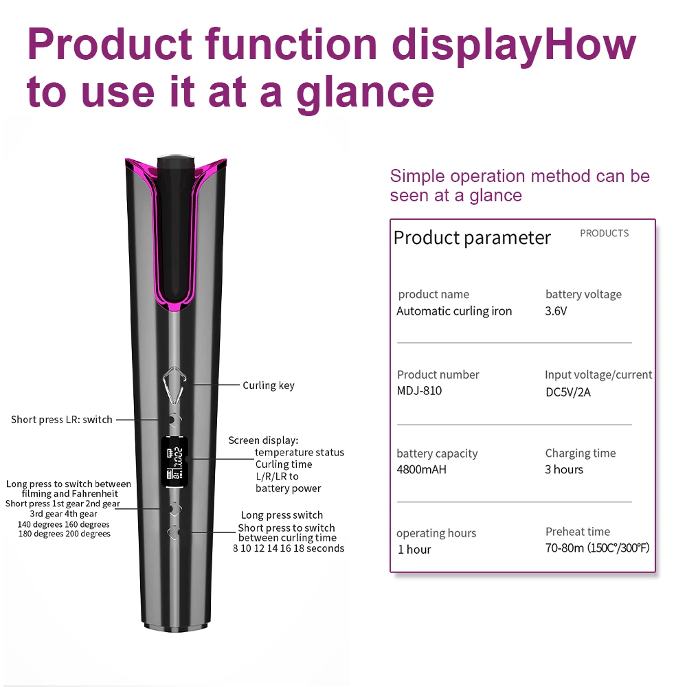 

Hair Curler Wave Air Curler Automatic Rotating USB Wireless Curling Iron Hair Waver LCD Display Fast Heating Ceramic Curly