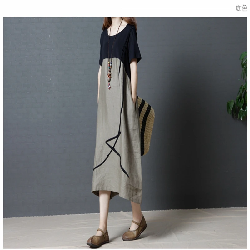 

020 Summer New Large Women's Korean Loose Fashion Medium Long Cotton And Linen Color Contrast Autumn Short Sleeve Dress