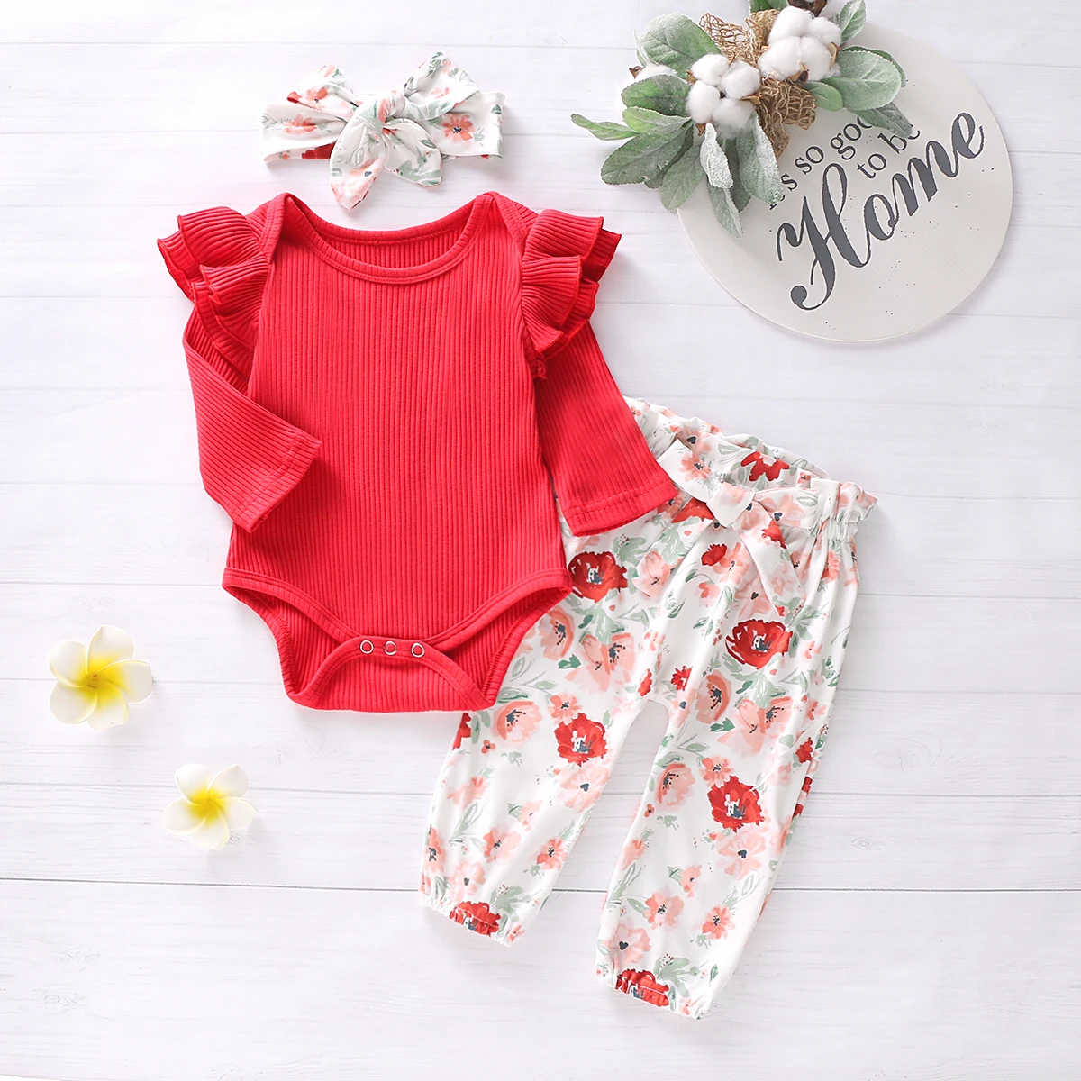 

Babys Clothes Toddler Infant Baby Girls Red Striped Knitted Bodysuit Tops+Bow Pants Headband 3pcs Autumn Winter Clothes