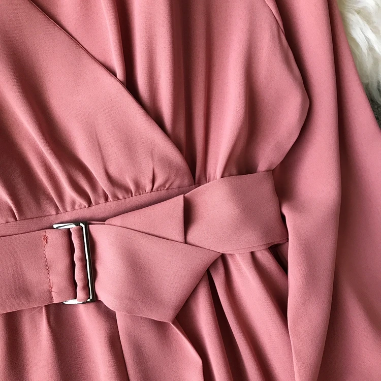 ALPHALMODA осеннее офисное женское платье с длинными рукавами и поясом, новое повседневное шифоновое платье с высокой талией и v-образным вырезом, однотонное женское платье до середины икры