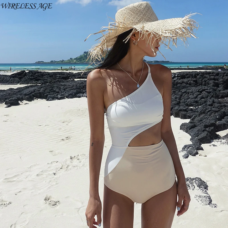 

WIRELESS AGE Swimsuit Women Personalized Triangle Covering Belly Thin One Shoulder Beauty Back Korean Sexy Color Matching Bikini
