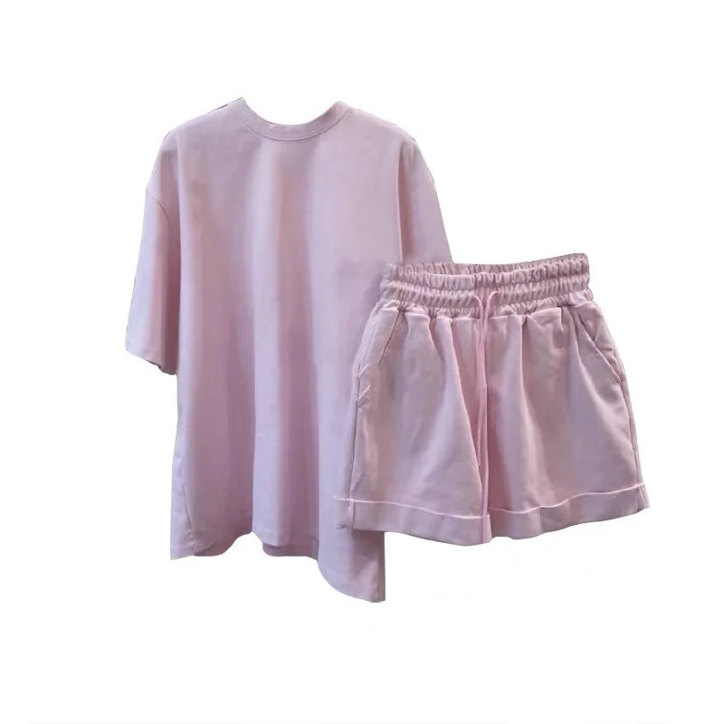 

Summer Two Piece Set Women Casual Loose Short Sleeve T Shirt Woman O-neck Solid Tshirts + Elastic Waist Shorts New Hot Pants