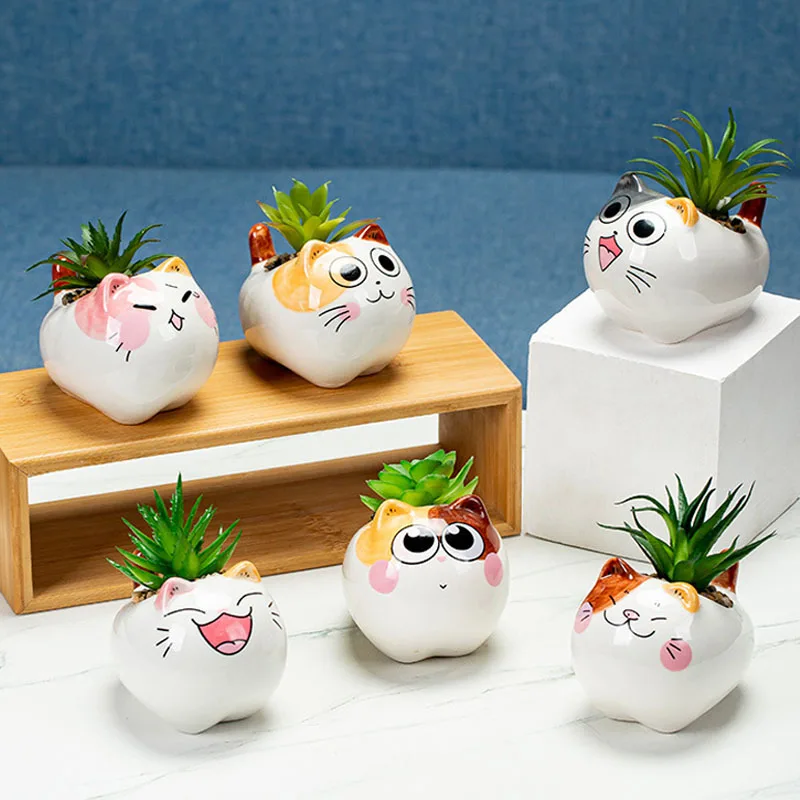 

Миниатюрный цветочный горшок с котом из мультфильма в Корейском стиле, милые животные, зеленые растения, керамический горшок для раковины, ...